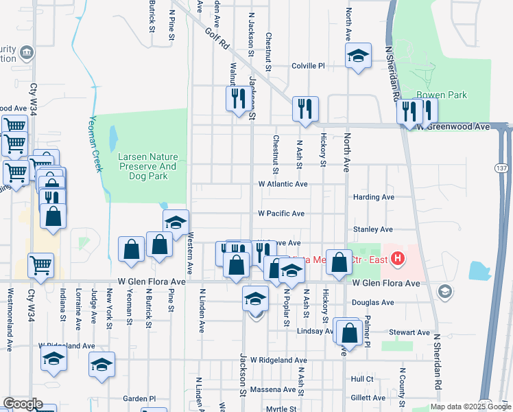 map of restaurants, bars, coffee shops, grocery stores, and more near 1509 North Jackson Street in Waukegan