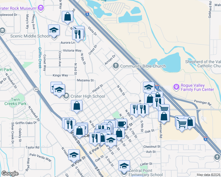 map of restaurants, bars, coffee shops, grocery stores, and more near 795 Cherry Street in Central Point