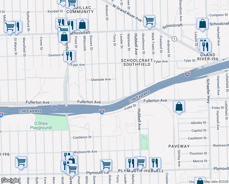 map of restaurants, bars, coffee shops, grocery stores, and more near 12667 Terry St in Detroit