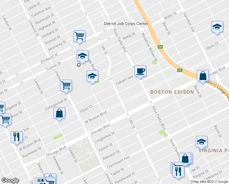 map of restaurants, bars, coffee shops, grocery stores, and more near 2236 Glynn Court in Detroit