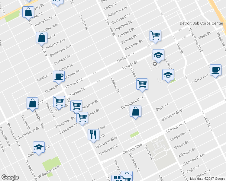 map of restaurants, bars, coffee shops, grocery stores, and more near 2930 Burlingame St in Detroit