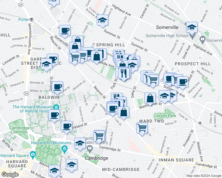 map of restaurants, bars, coffee shops, grocery stores, and more near Park St & Eliot St in Somerville