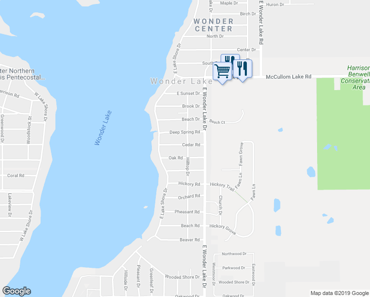 map of restaurants, bars, coffee shops, grocery stores, and more near 7701 Cedar Road in Wonder Lake