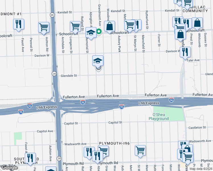 map of restaurants, bars, coffee shops, grocery stores, and more near 12674 Grandmont Avenue in Detroit