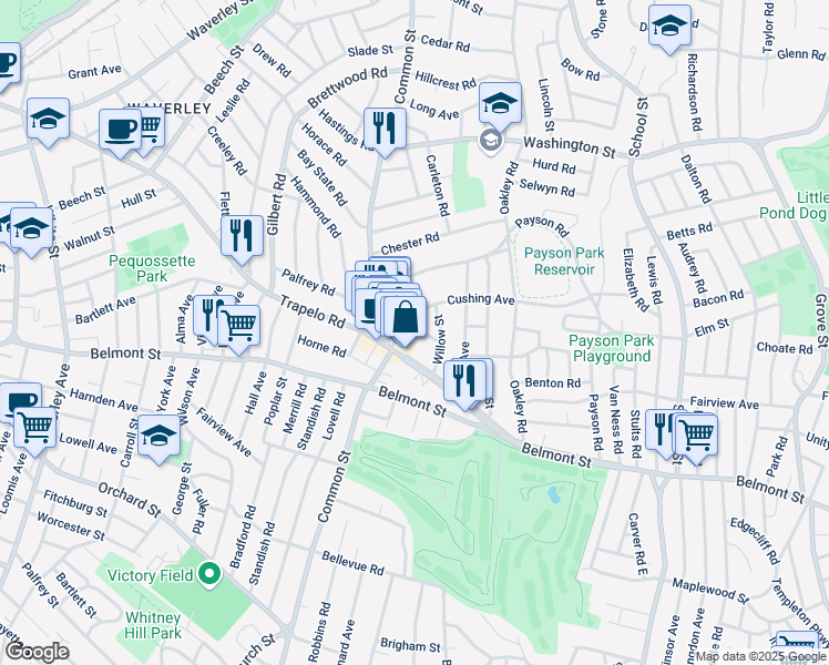 map of restaurants, bars, coffee shops, grocery stores, and more near 7 Linden Avenue in Belmont