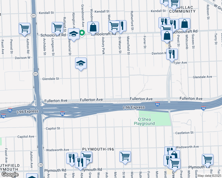 map of restaurants, bars, coffee shops, grocery stores, and more near 12673 Mettetal Street in Detroit