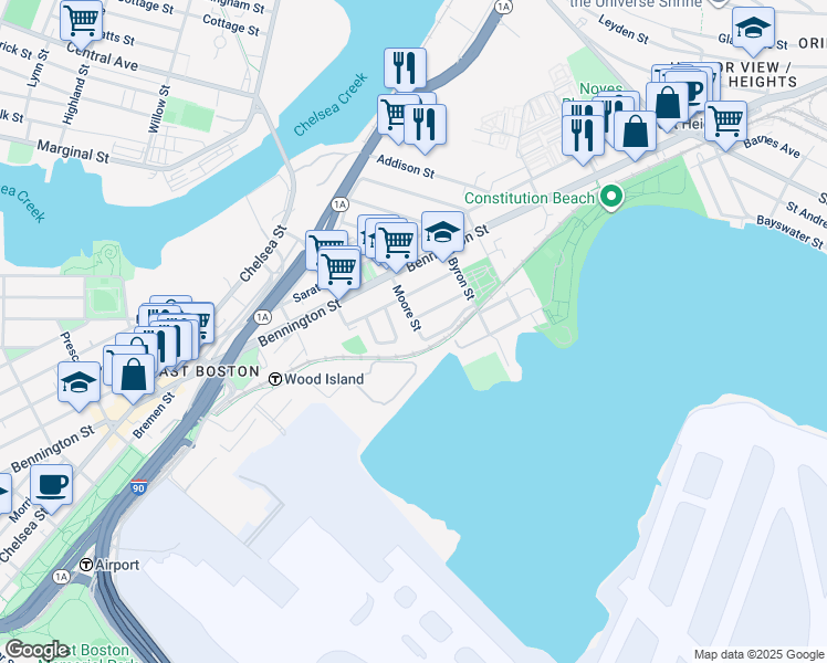 map of restaurants, bars, coffee shops, grocery stores, and more near 114 Moore Street in Boston