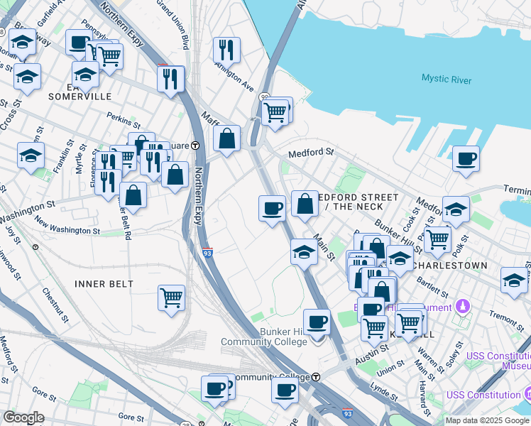map of restaurants, bars, coffee shops, grocery stores, and more near 500 Rutherford Avenue in Boston