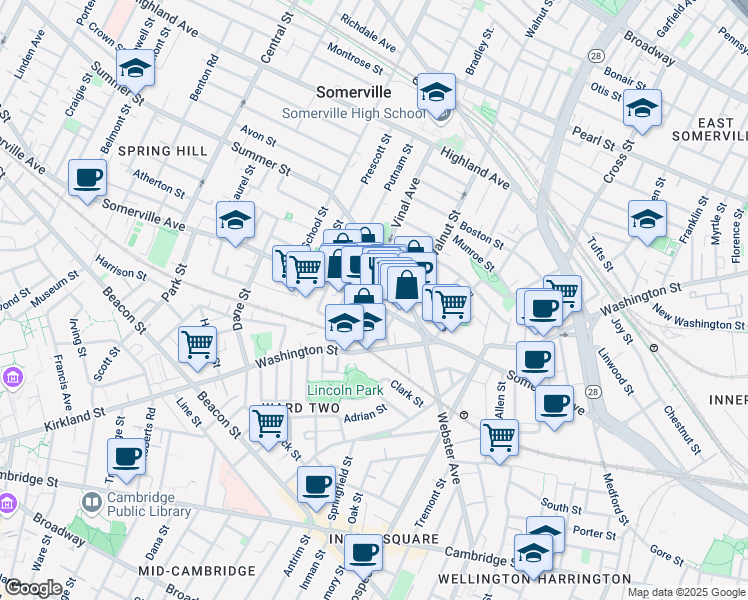 map of restaurants, bars, coffee shops, grocery stores, and more near 1 Bow Market Way in Somerville