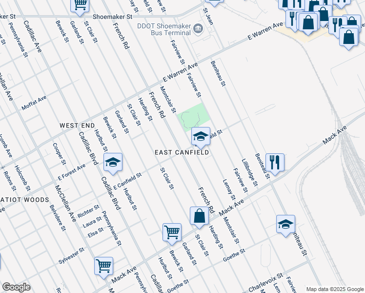 map of restaurants, bars, coffee shops, grocery stores, and more near 4418 French Road in Detroit