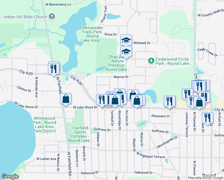 map of restaurants, bars, coffee shops, grocery stores, and more near 1725 Brentwood Drive in Round Lake Heights