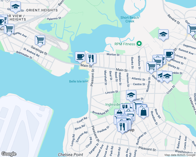 map of restaurants, bars, coffee shops, grocery stores, and more near 23 Girdlestone Road in Winthrop