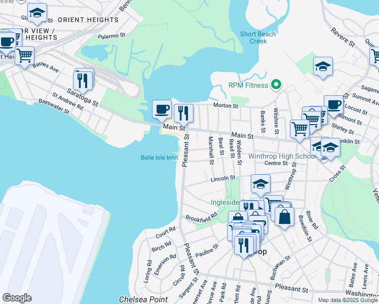 map of restaurants, bars, coffee shops, grocery stores, and more near 554 Pleasant Street in Winthrop