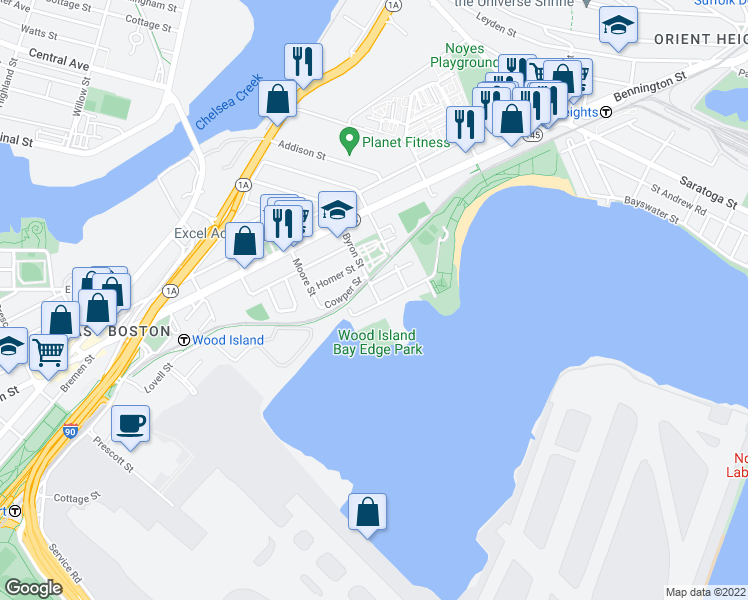 map of restaurants, bars, coffee shops, grocery stores, and more near 210 Byron Street in Boston