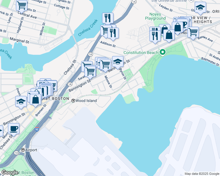 map of restaurants, bars, coffee shops, grocery stores, and more near 114 Moore Street in Boston