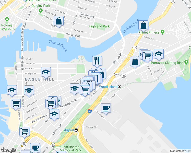 map of restaurants, bars, coffee shops, grocery stores, and more near in Boston