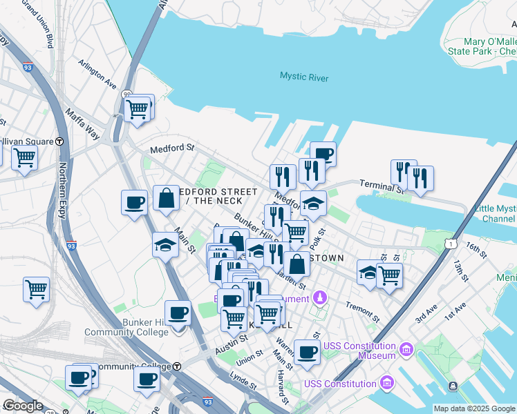map of restaurants, bars, coffee shops, grocery stores, and more near 16 Hill Street in Boston