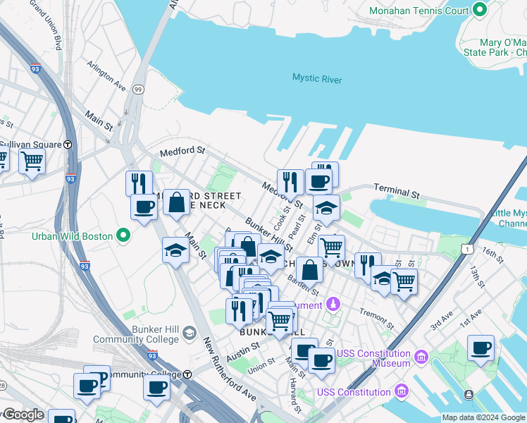 map of restaurants, bars, coffee shops, grocery stores, and more near 15 Belmont Street in Boston