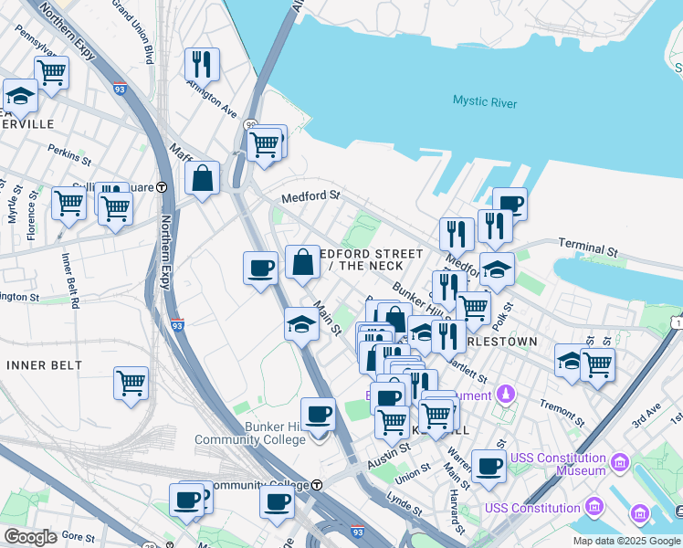 map of restaurants, bars, coffee shops, grocery stores, and more near in Boston