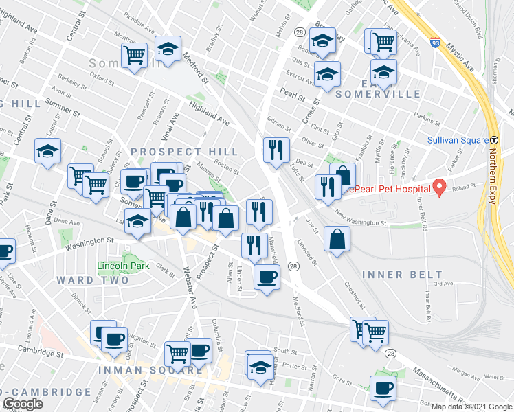 map of restaurants, bars, coffee shops, grocery stores, and more near 22 Boston Street in Somerville