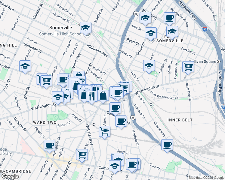 map of restaurants, bars, coffee shops, grocery stores, and more near 24 Prospect Hill Avenue in Somerville