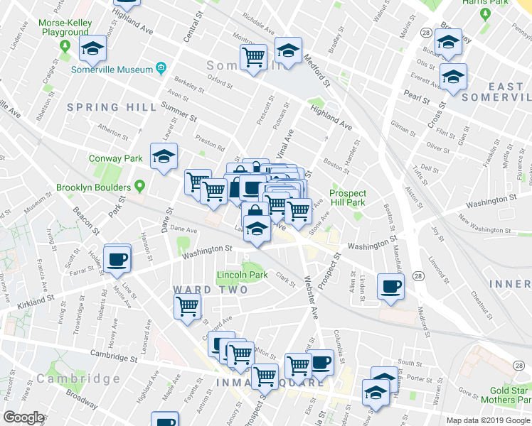 map of restaurants, bars, coffee shops, grocery stores, and more near 1 Bow Market Way in Somerville