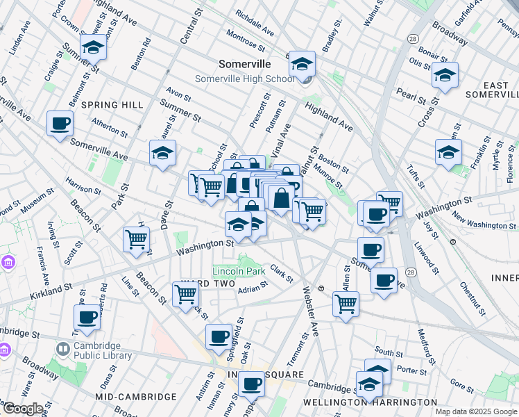 map of restaurants, bars, coffee shops, grocery stores, and more near 1 Bow Market Way in Somerville