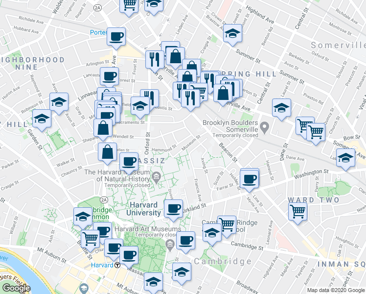 map of restaurants, bars, coffee shops, grocery stores, and more near 74 Hammond Street in Cambridge