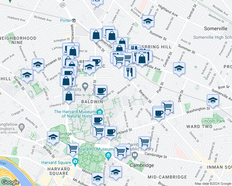map of restaurants, bars, coffee shops, grocery stores, and more near 74 Hammond Street in Cambridge