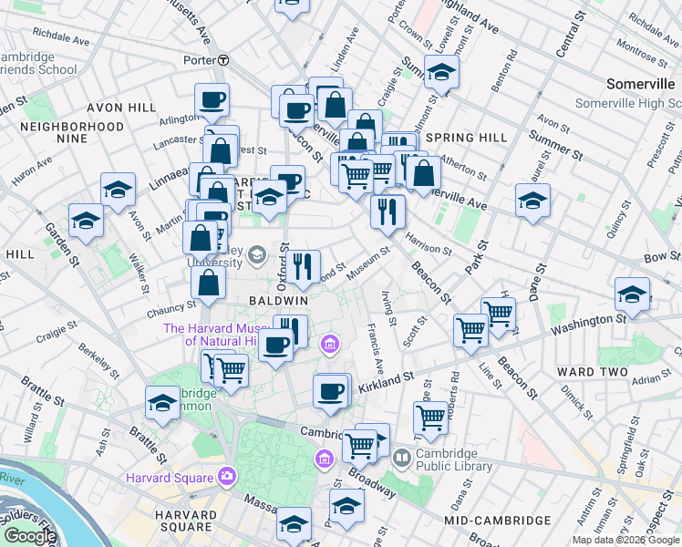 map of restaurants, bars, coffee shops, grocery stores, and more near 74 Hammond Street in Cambridge