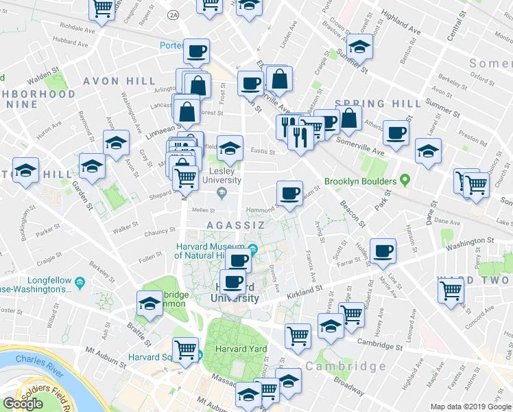 map of restaurants, bars, coffee shops, grocery stores, and more near 39 Hammond Street in Cambridge
