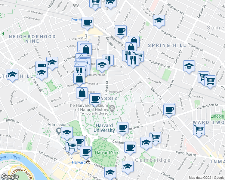map of restaurants, bars, coffee shops, grocery stores, and more near 39 Hammond Street in Cambridge