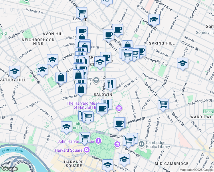map of restaurants, bars, coffee shops, grocery stores, and more near 37 Mellen Street in Cambridge