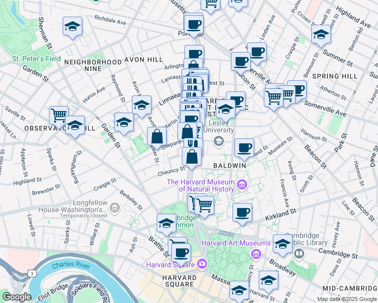 map of restaurants, bars, coffee shops, grocery stores, and more near 1637 Massachusetts Avenue in Cambridge