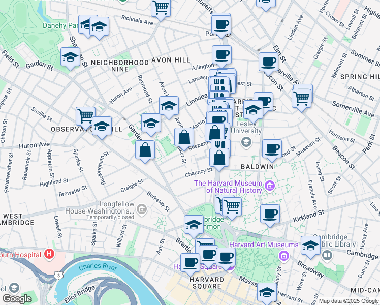 map of restaurants, bars, coffee shops, grocery stores, and more near 34 Shepard Street in Cambridge