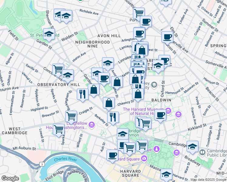 map of restaurants, bars, coffee shops, grocery stores, and more near 53 Shepard Street in Cambridge