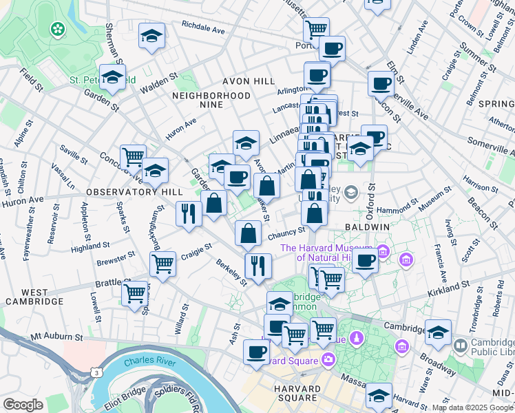 map of restaurants, bars, coffee shops, grocery stores, and more near 53 Shepard Street in Cambridge