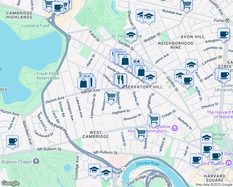 map of restaurants, bars, coffee shops, grocery stores, and more near 127 Appleton Street in Cambridge
