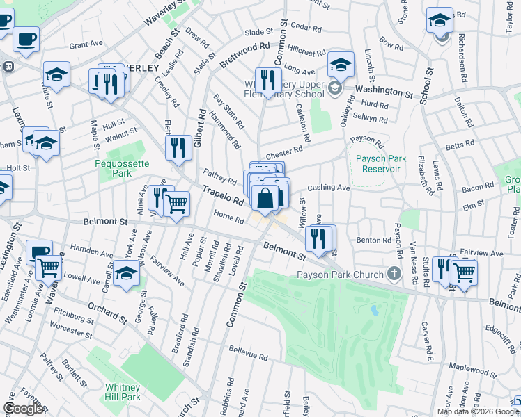 map of restaurants, bars, coffee shops, grocery stores, and more near 459 Common Street in Belmont