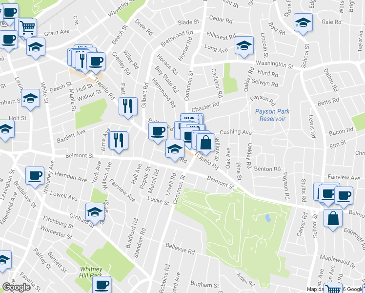 map of restaurants, bars, coffee shops, grocery stores, and more near 144 Trapelo Road in Belmont