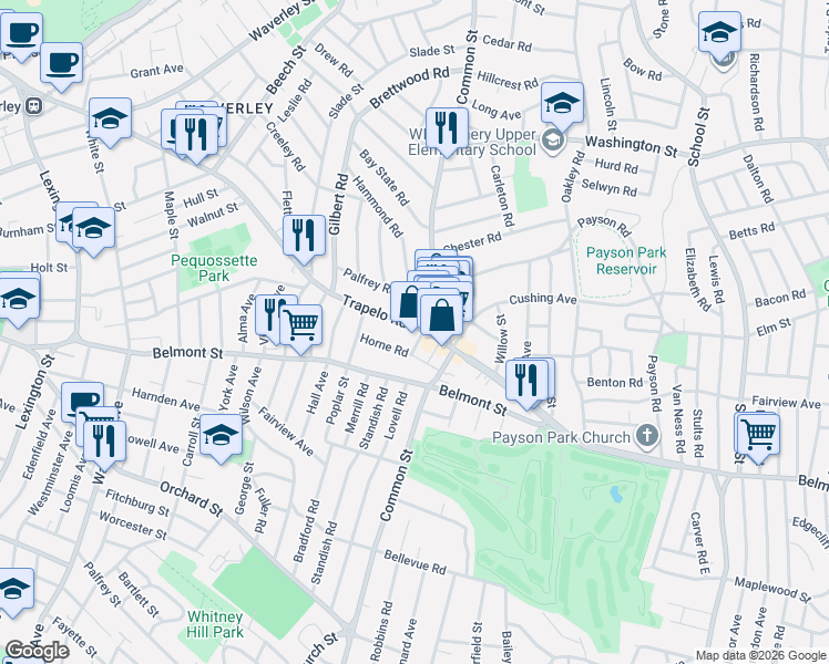 map of restaurants, bars, coffee shops, grocery stores, and more near 144 Trapelo Road in Belmont