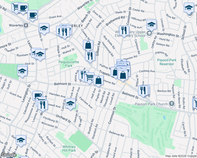 map of restaurants, bars, coffee shops, grocery stores, and more near 33 Barnard Road in Belmont
