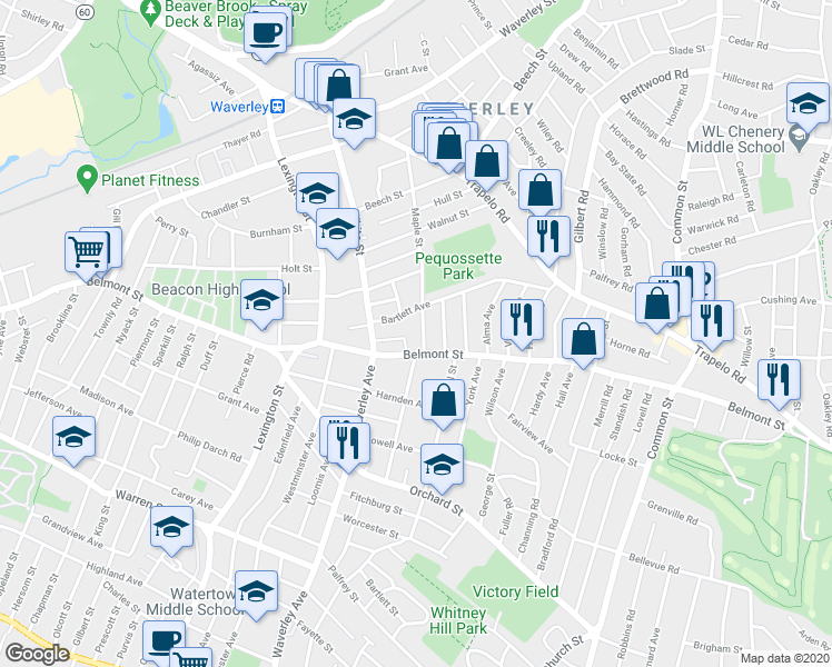 map of restaurants, bars, coffee shops, grocery stores, and more near 21-23 Jonathan Street in Belmont