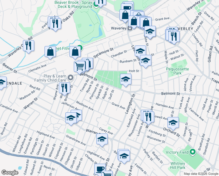map of restaurants, bars, coffee shops, grocery stores, and more near 7 Ralph Street in Watertown