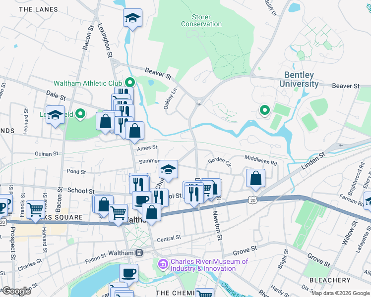 map of restaurants, bars, coffee shops, grocery stores, and more near 168 Church Street in Waltham