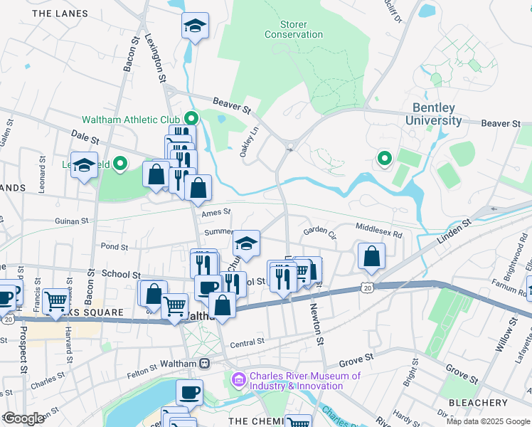 map of restaurants, bars, coffee shops, grocery stores, and more near 168 Church Street in Waltham