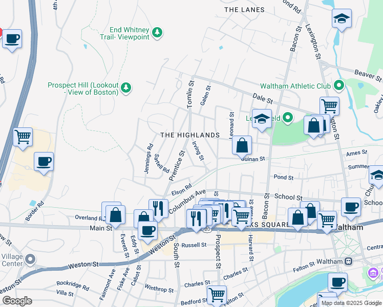 map of restaurants, bars, coffee shops, grocery stores, and more near 69 Irving Street in Waltham