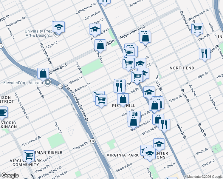 map of restaurants, bars, coffee shops, grocery stores, and more near 628 Taylor Street in Detroit