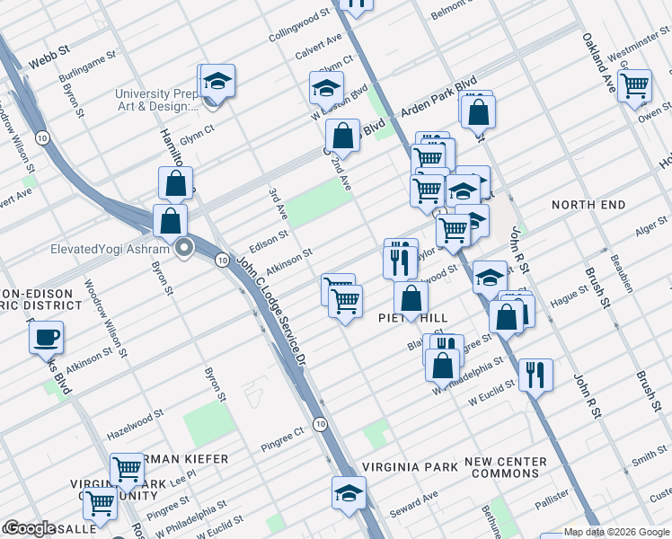 map of restaurants, bars, coffee shops, grocery stores, and more near 703 Clairmount Avenue in Detroit