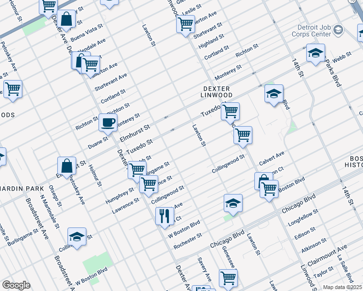 map of restaurants, bars, coffee shops, grocery stores, and more near 3003 Webb Street in Detroit
